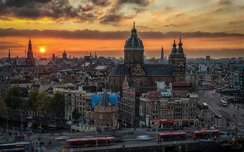 Amsterdam Old Town Sunset Evening Cityscape Landmark Netherlands