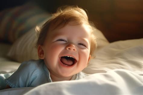 Premium Photo Ai Generative A Baby Boy Laying Down In Bed In Laughing