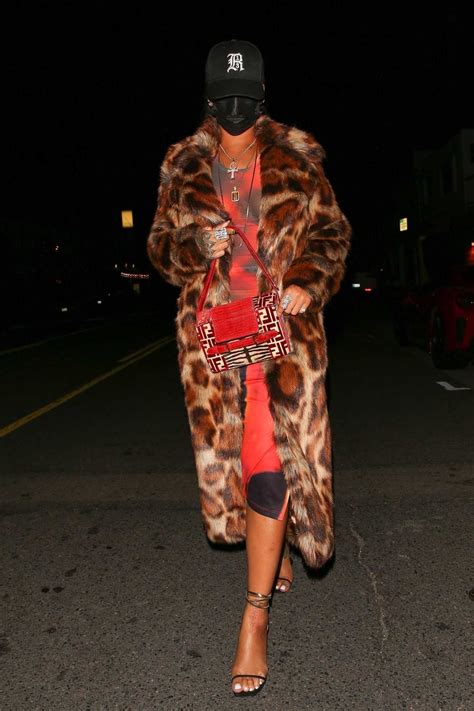 Rihanna In An Animal Print Fur Coat Leaves A Dinner At Giorgio Baldi In