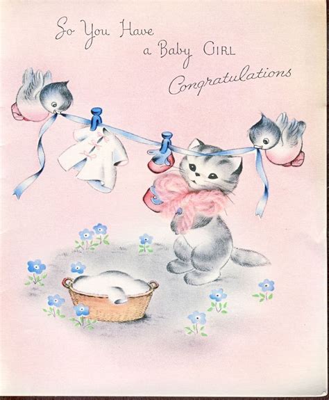 Vtg 1930s New Baby Greeting Card Kitten With Real Yarn Girl Pink
