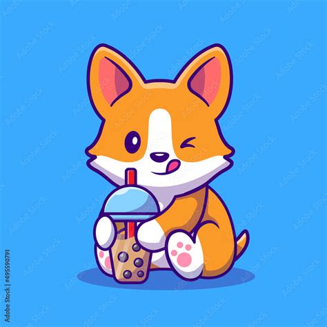Cute Corgi Drink Milk Tea Boba Cartoon Vector Icon Illustration Animal