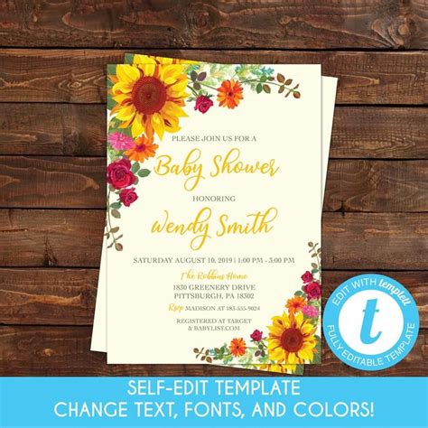 Editable Sunflower Baby Shower Invitation Sunflower Invite