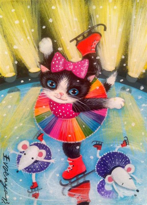 Aceo Original Painting Christmas Cat Kitten Mouse Mice Snow By Evgenya