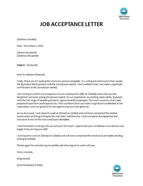 Kostenloses Job Offer Acceptance Letter Sample