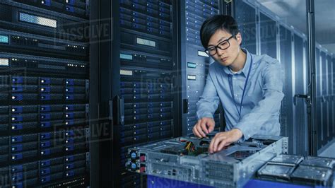 In The Modern Data Center It Technician Working With Server Racks On