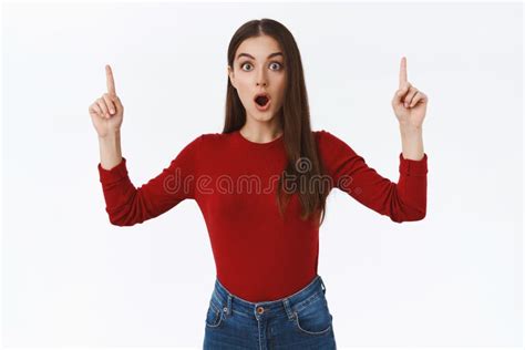 Shocked Astonished Brunette Feminine Girl In Red Sweater Open Mouth