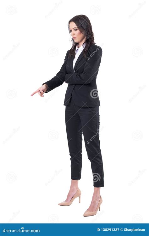 Serious Elegant Business Woman In Black Suit Pointing Finger Down And