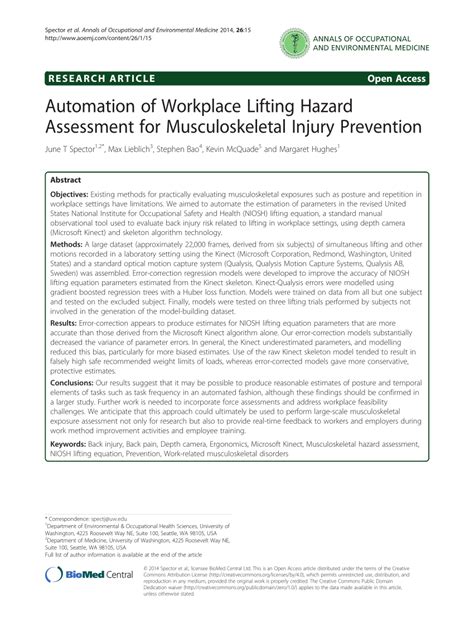 PDF Automation Of Workplace Lifting Hazard Assessment For