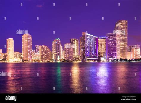 Beautiful Miami Florida Skyline With Lights At Night Stock Photo Alamy