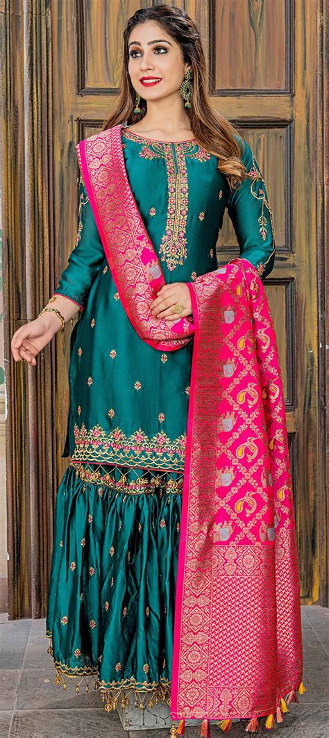 Festive Reception Green Color Satin Silk Fabric Salwar Kameez 1596438