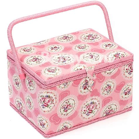 Large Sewing Box Fabric Sewing Basket With Handle And Tray Pink Cameo