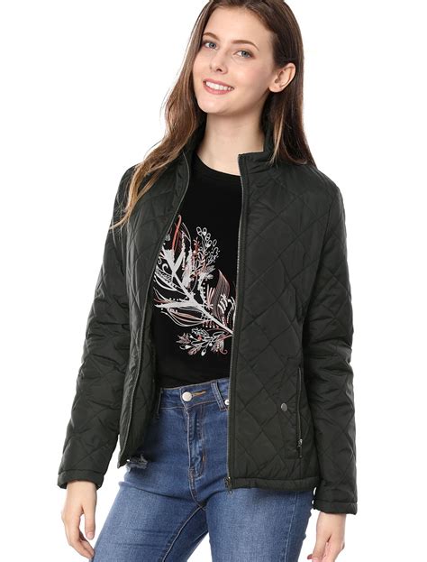 Unique Bargains Womens Zip Stand Collar Lightweight Quilted Jacket
