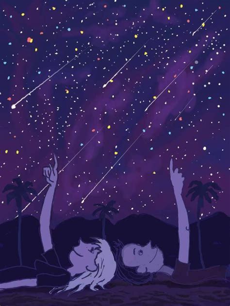 Two People Laying Down Under The Stars In The Night Sky With Their