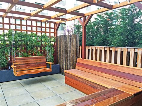 Harlem Rooftop Garden With Pergola Trellis Swing And Fiberglass