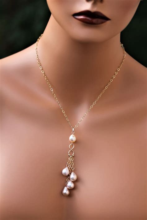 Lariat Pearl Neclace Freshwater Pearls Pearl Necklace Tin Etsy