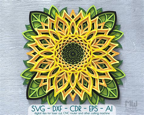 3d Svg Sunflower Layered Sunflower 3d Mandala Multi Layer Etsy