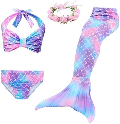 Cola de Sirena Niña 4pcs Traje de Baño Mermaid Bikini Establece Disfraz