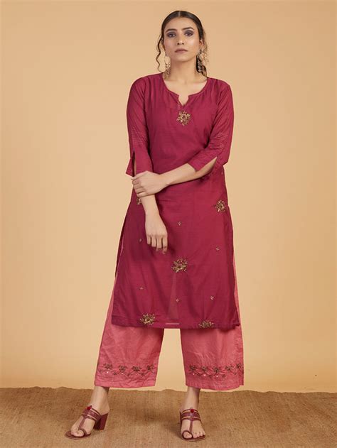 Buy Red Embroidered Cotton Kurta Online At Theloom