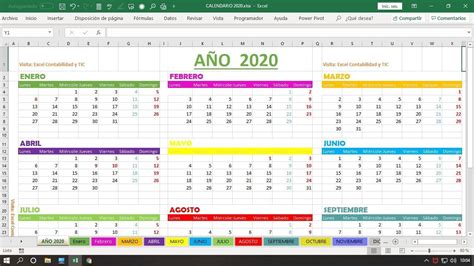 Imprimible Calendario 2020 Editable Excel