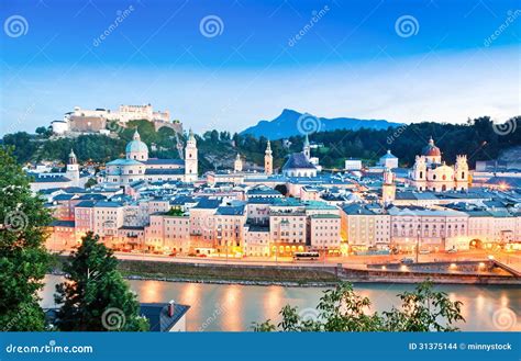 Salzburg Skyline With River Salzach At Dusk Salzburger Land Austria