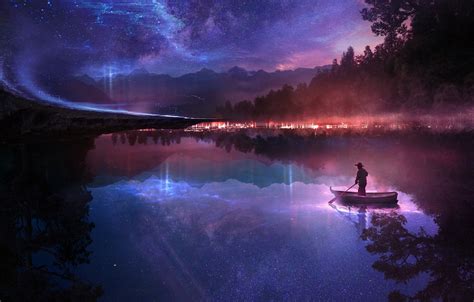 Wallpaper Forest The Sky Stars Night Lake Fantasy Boat People