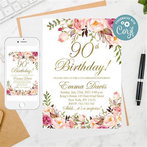 Editable 90th Birthday Invitation Women Birthday Invitation Etsy