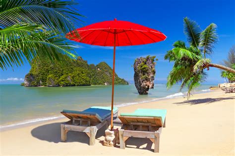 Beach Chairs And Umbrella On Thailand Beach 4k Ultra Hd