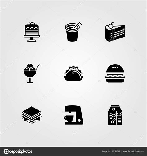 Your state's top burger and fries. Food And Drinks vector icon set. soft drink, taco, cake ...