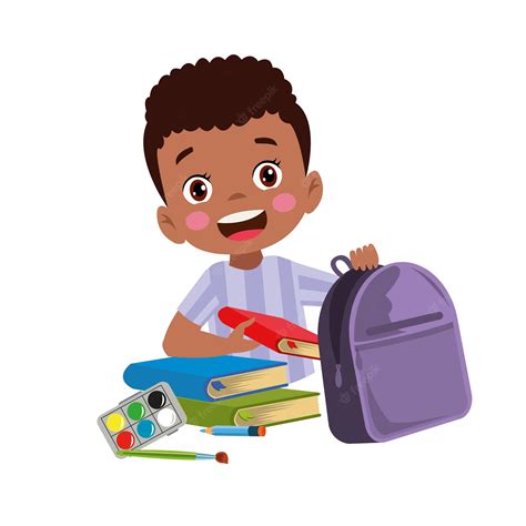 Premium Vector Happy Cute Kid Boy Prepare Bag For School