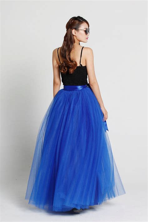 Blue Full Long Tulle Skirt Women Maxi Tulle Skirt Long Prom Skirts Plus