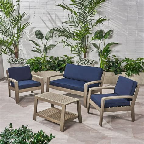 4 Piece Gray Wood Finish Outdoor Furniture Patio Conversation Set