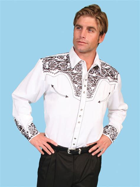 Scully® Mens White Pewter Saddle Tooled Embroidered Ls Western Show