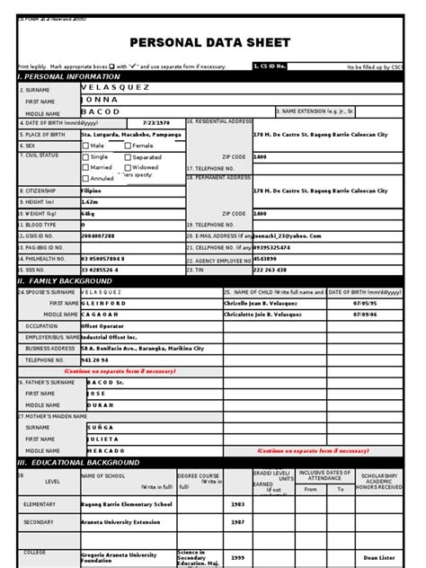 Personal Data Sheet Teachers Social Institutions