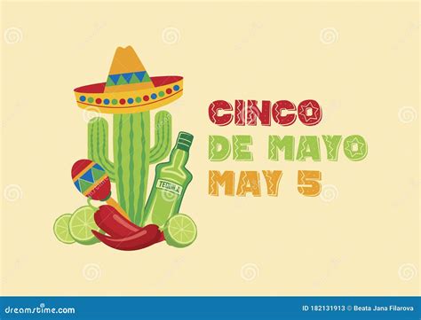 Cinco De Mayo Mexican National Holiday With Mexican Attributes Vector