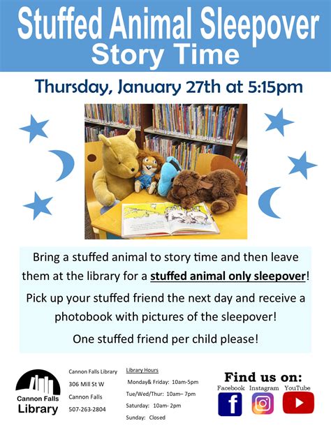 Stuffed Animal Sleepover Story Time Jan 27th Cannon Falls Library