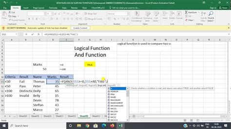 Logical Function In Excel Youtube