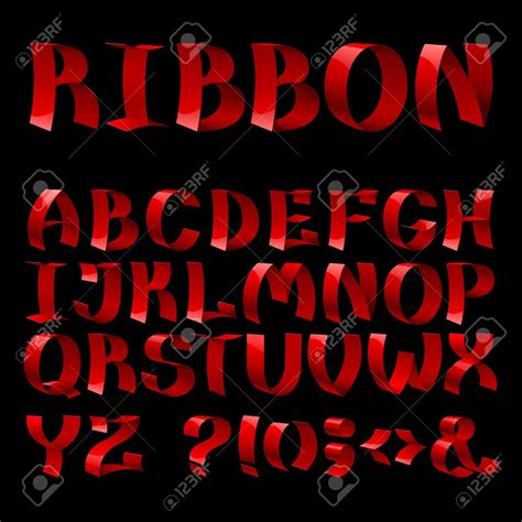 Set Of Isolated Red Color Curled Shiny Ribbon Font Alphabet