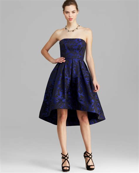 Ml Monique Lhuillier Dress Strapless Print Highlow In Blue Cobalt