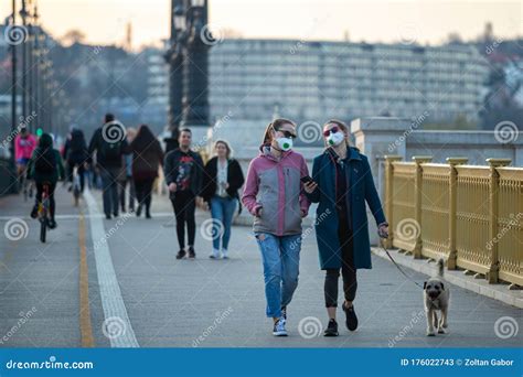 Budapes Hungary 03172020 People Wearing Face Masks During Walking
