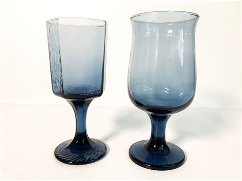 2nd Time Around Vintage Set 6 Blue Goblets Heavy Glasses Unique Retro Collection Combination