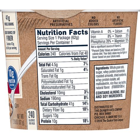 For energy to help you start your morning try a wholesome breakfast with quaker instant oatmeal your oatmeal is ready to eat only 90 seconds later. 31 Quaker Oats Nutrition Facts Label - Labels For You