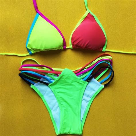2015 Sexy Neon Bandage Bikini Bright Rainbow Color Multicolor Women Swimsuit Beachwear Swimwear