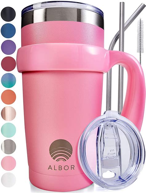 albor triple insulated stainless steel tumbler 20 oz pink coffee travel mug with handle