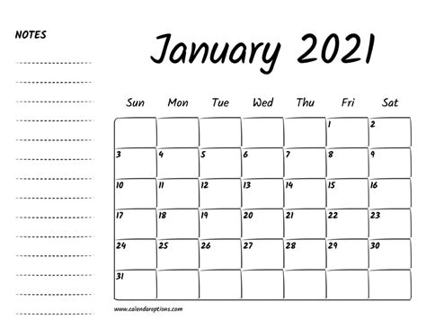 January 2021 Printable Calendar Calendar Options