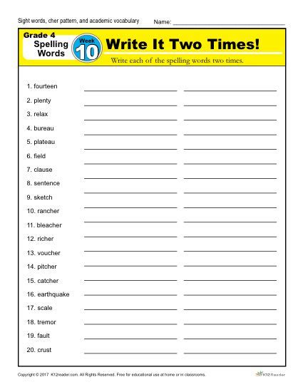 Fourth Grade Spelling Words List Week 10 K12reader