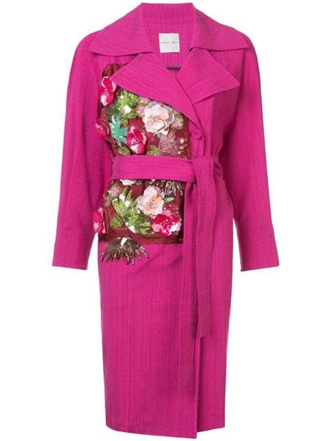 Emanuel Ungaro Floral Appliqué Belted Coat Pink Modesens