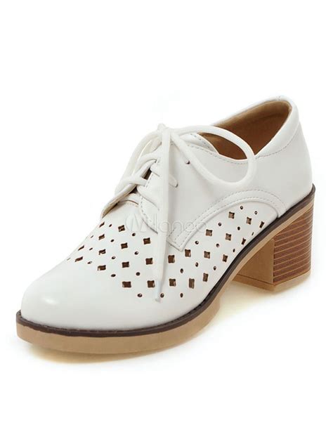 White Oxford Shoes Women Round Toe Cut Out Chunky Heel Lace Up Shoes