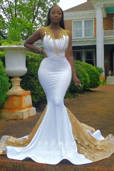 Gold Lace And White Satin African American Prom Dress Promfy