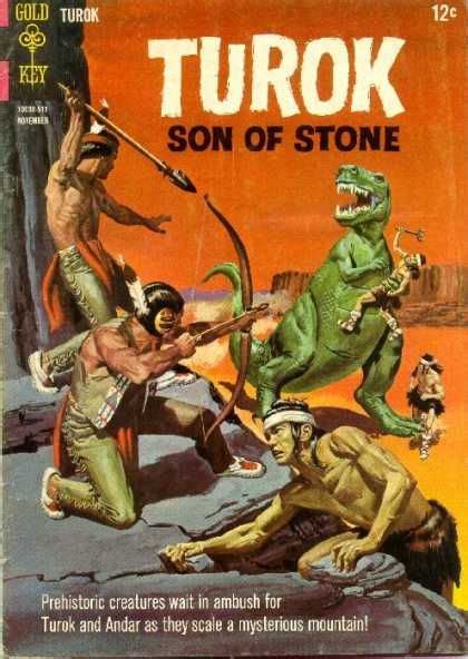 An Old Book Cover With Dinosaurs And Men Fighting