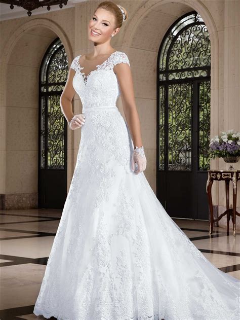 A Line Illusion Neckline Sheer Back Cap Sleeve Tulle Lace Wedding Dress